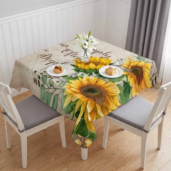 Sunflower Vintage Table Cloth Waterproof Tablecloths, Rustic Retro Floral Spring Summer Tablecloth Dining Table Cover for Kitchen Party Tabletop Outdoor, Square Tablecloth 60x60 Inch