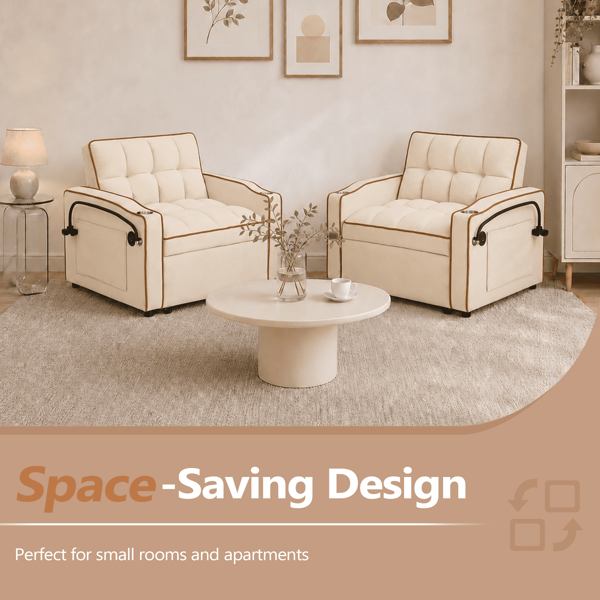 FFH Recliner Chair, Convertible Sofa Bed with Adjustable Backrest, Charging Ports, Cup Holders and Swivel Phone Stand, Beige