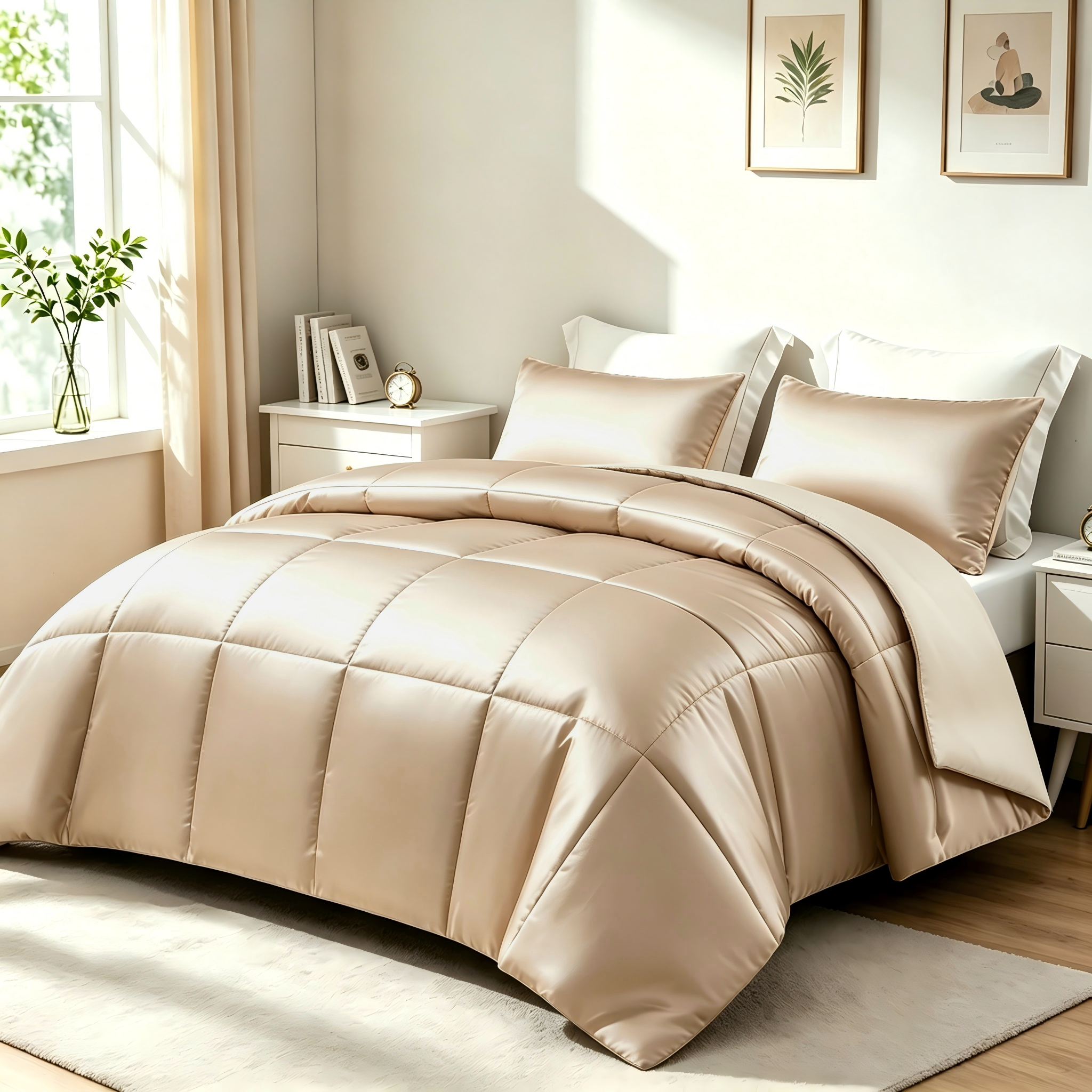 Whale Flotilla 3-Piece Reversible Silky Satin King Size Comforter Bedding Set, Lightweight Luxury Comforters with 2 Pillowcases All-Season, Champagne