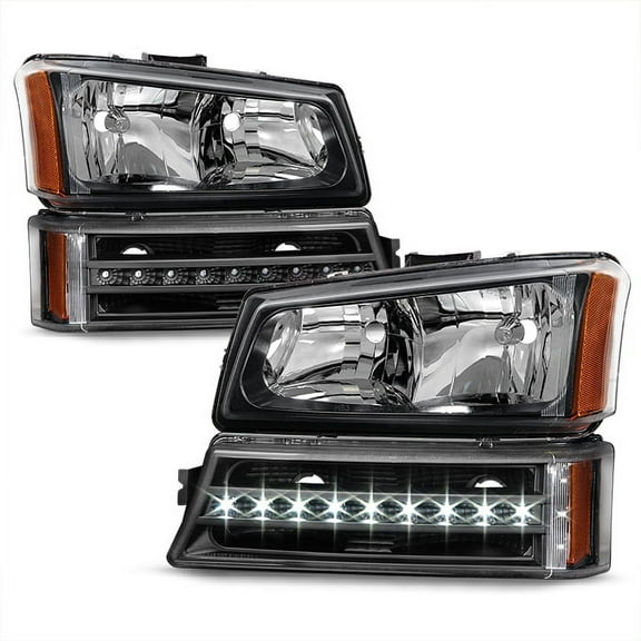 AKKON - For 2003-06 Chevy Silverado | 2003-07 Avalanche Black Headlights LED DRL Bumper Turn Signal Lamps Pair