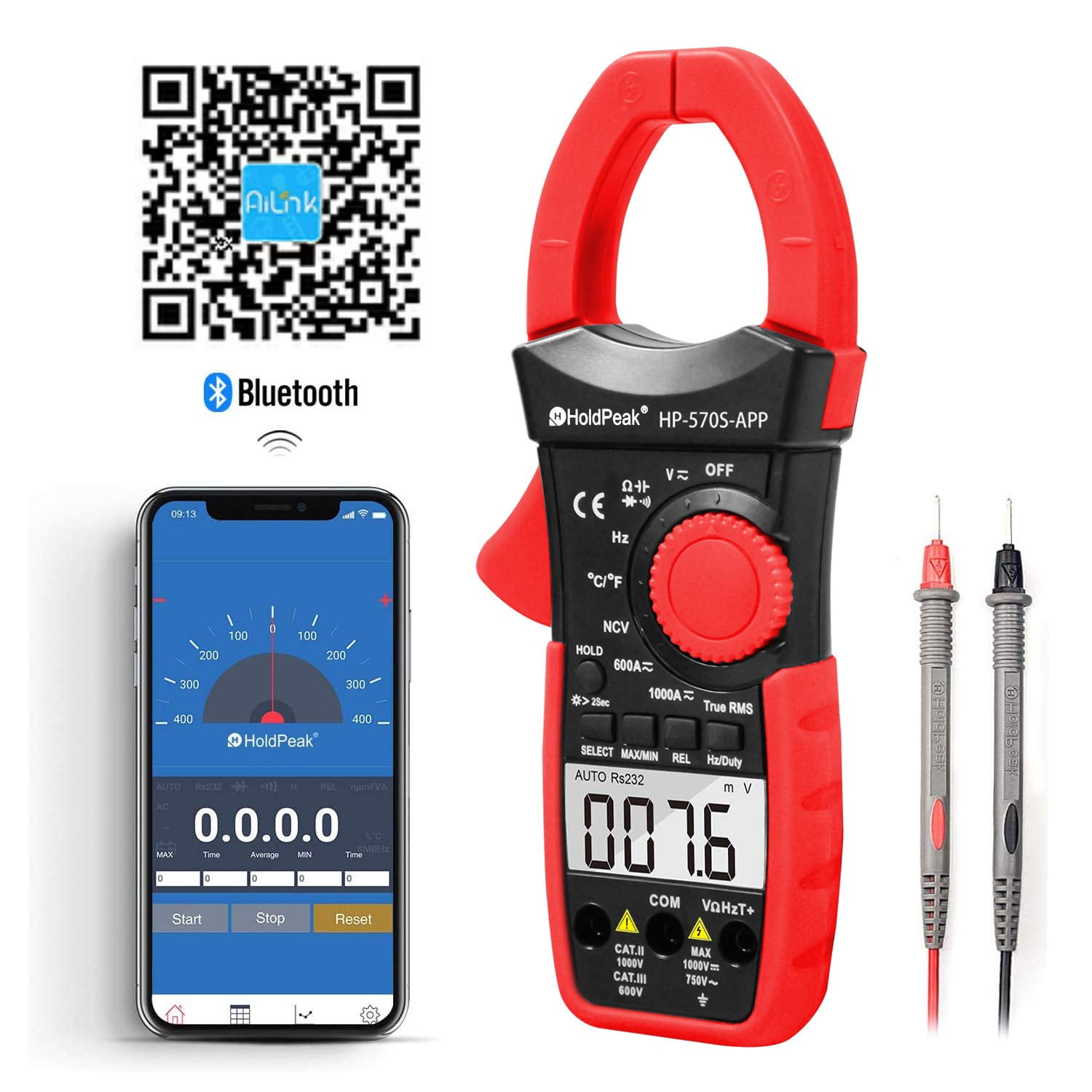 Holdpeak Digital Clamp Meter,Voltmeter with APP Control AC/DC