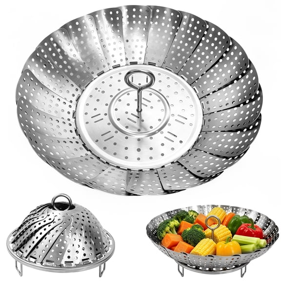 Adjustable Foldable Stainless Steel Steamer Basket, Expandable Vegetable Steaming Rack with Removable Handle, Fit 5.5-11.22 Inch Pots, Multi Use Kitchen Steamer Insert for Veggies Seafood Eggs