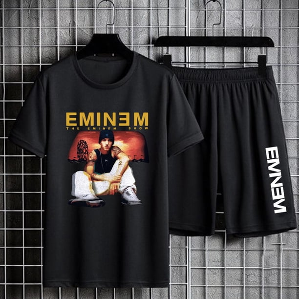 Eminem-Camiseta ajustada con estampado sombreado para hombre, pantalones cortos, traje deportivo de manga corta, camisetas informales de gran tamaño, pantalones cortos de Hip Hop, conjuntos de dos pie