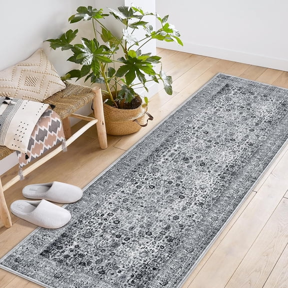Area Rugs for Living Room Bedroom, Large Washable Rug, Vintage Floral Boho Non Slip Low Pile Carpet Indoor Dining Room Kids Room Grey 2 * 6 ft