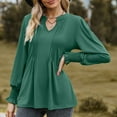 thumbnail image 2 of WREESH Womens Fashion T-Shirts Solid Color Pull-Up Bubble Sleeve V-Neck Tied Long Sleeved Casual Loose Pullover Green, 2 of 5