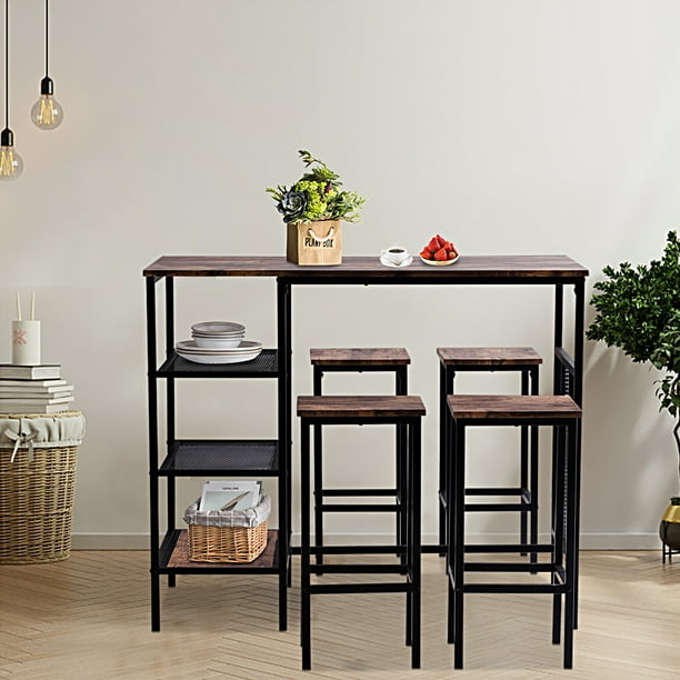 Counter Height Bar Table Set 5 Pieces Bistro With 4 Stools Modern Small Pub And Chairs Gray Brown Compact Kitchen Dining 43 3 X 23 6 35 8 Inch Ja1885 Com Compact Kitchen Dining Table Set, Small Pub Table And Stools