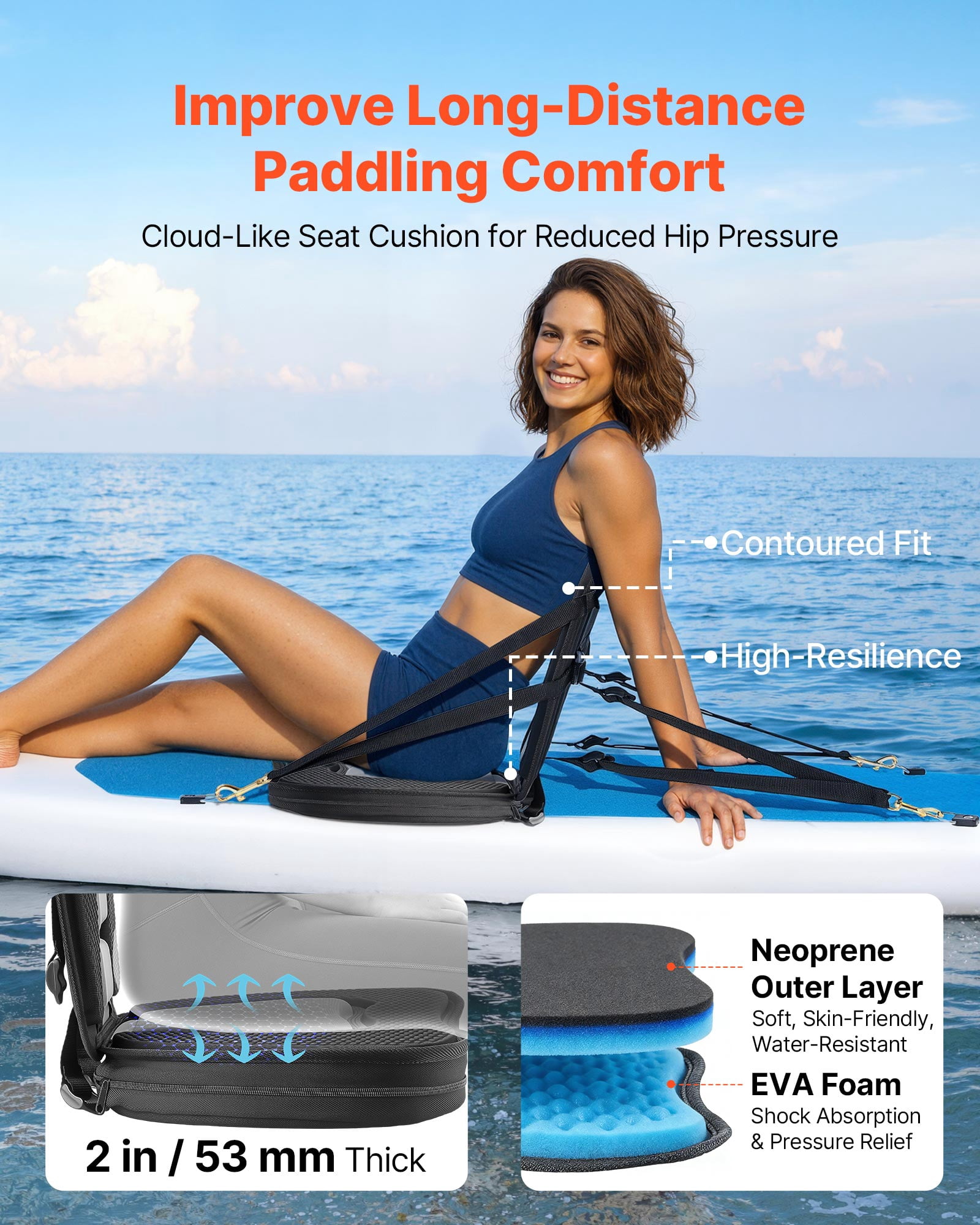 VEVOR Kayak Seat, 2 Pack 2" Thick, Universal Paddle Board Seat with Back Support, Sit-on-Top Soft Padded Cushion with Storage Bag & Adjustable Straps for SUP, Canoe, Fishing Boat, Inflatable Kayak