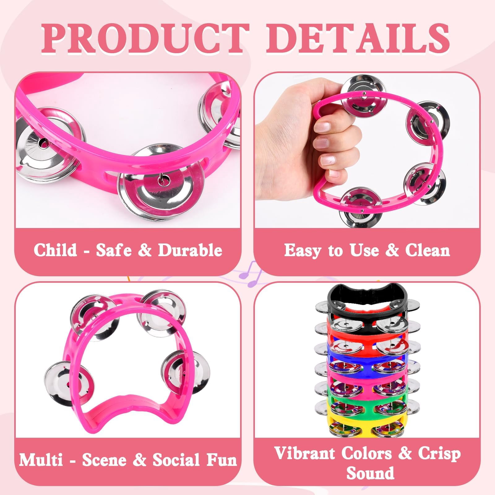 24 Pcs Multicolored Tambourines For Kids - 4 Bells Handheld Musical Instruments And Noise Makers Perfect School Supplies Church Kindergarten Weddings Christmas Parties Group Performances