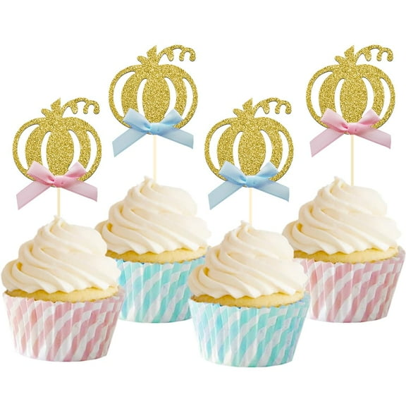 12pcs Pumpkin Gender Reveal Cupcake Toppers - Baby Shower Girl or Boy Party Decorations Supplies, Pumpkin Food Pick (Blue and Pink Bow)