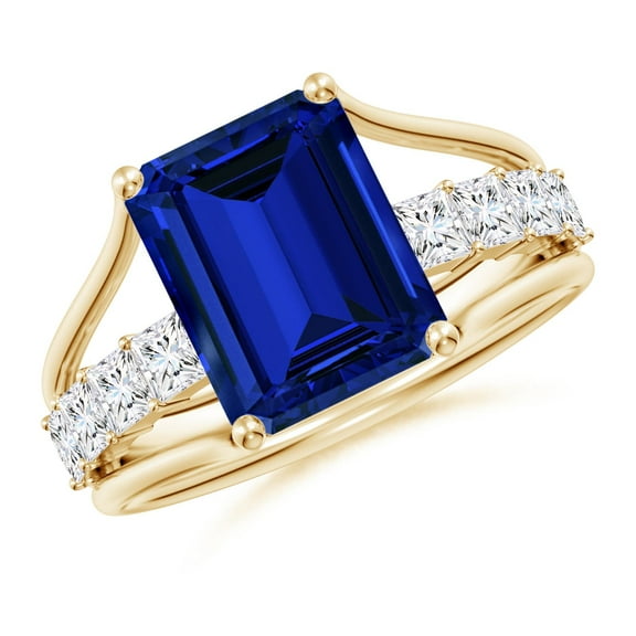 ANGARA Lab Grown 3.4 Ct Blue Sapphire Bridge Engagement Ring for Women in 14K Yellow Gold (Size-10x8mm) | September Birthstone, Anniversary, Jewelry Gift for Women | Lab-Grown Blue Sapphire Ring