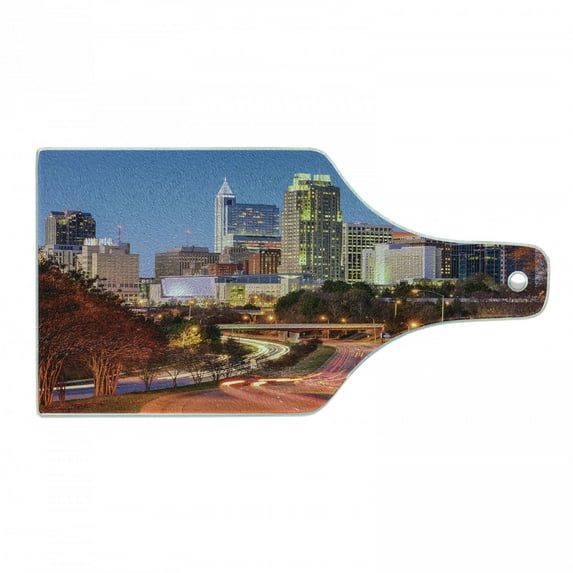 United States Cutting Board, Raleigh North Carolina USA Express Way Business District Building Skyscrapers, Tempered Glass Cutting and Serving Board, Wine Bottle Shape, Multicolor, by Ambesonne