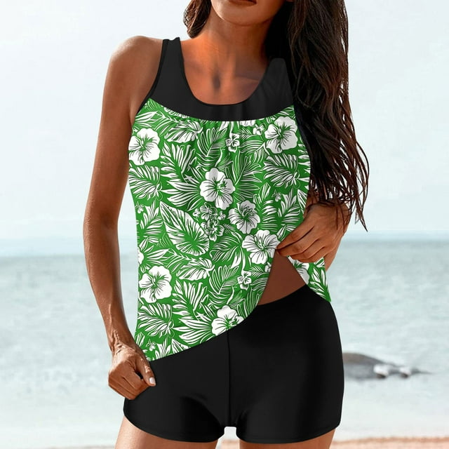 UPPADA Maillots de Bain 2 Pcs à Couverture Complète pour Femmes, Floraux, Athlétiques, Col Ras du Cou, Taille Haute, Contrôle du Ventre, Maillot de Bain Modeste, Haut de Tankini Confortable avec Short, Maillots de Bain pour Femmes, Tankini Vert, 2TG