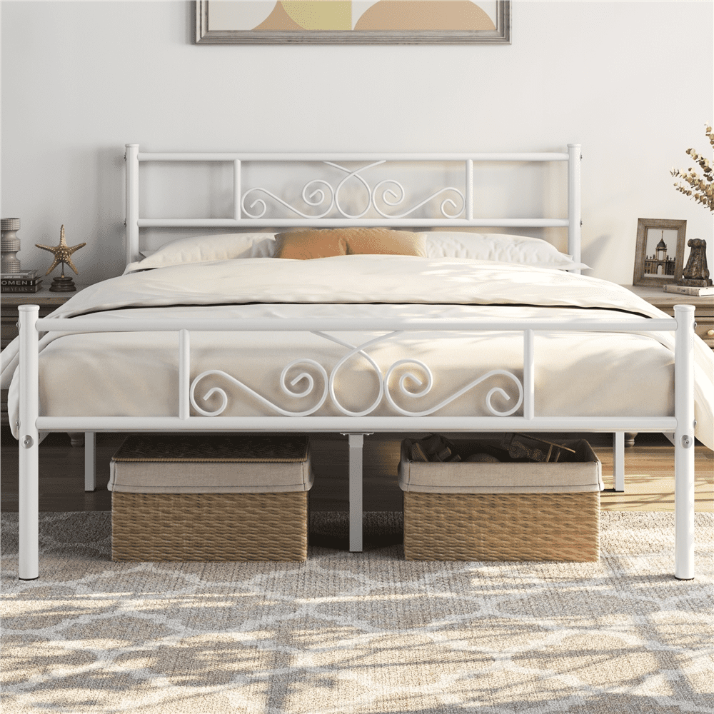 Fullfurnique Metal Platform Bed Frame with Scroll Headboard and Footboard, Full, White
