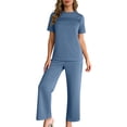thumbnail image 2 of Levmjia Women's Casual Outfit Set Short Sleeve Pleated Solid Color Top and Pants Soft Polyester Comfortable Yoga Sports Daily Wear Spring Summer, 2 of 9