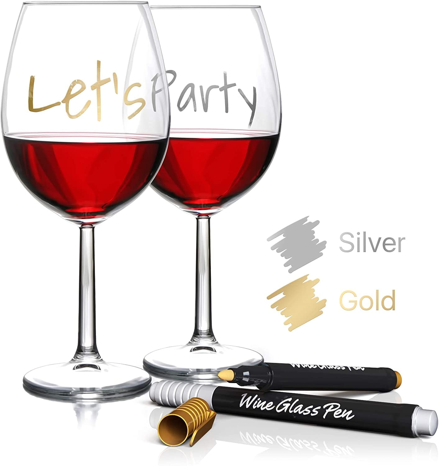 Wine Glass Marker Set Erasable Metallic Silver and Gold Color Pen