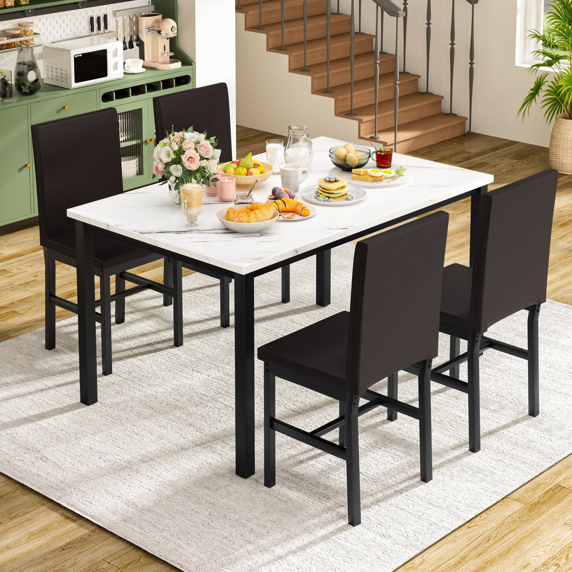 LTTROMAT Dining Table Set for 4, Modern Faux Marble Kitchen Table Set with 4 Leather Upholstered Chairs, 5-Piece Dinette for Dining Room, Nooks