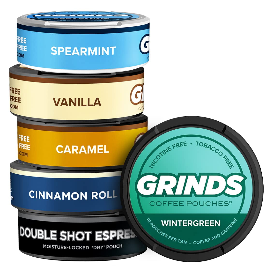 Grinds Coffee Pouches 6 Can Sampler Caramel, Espresso, Cinnamon