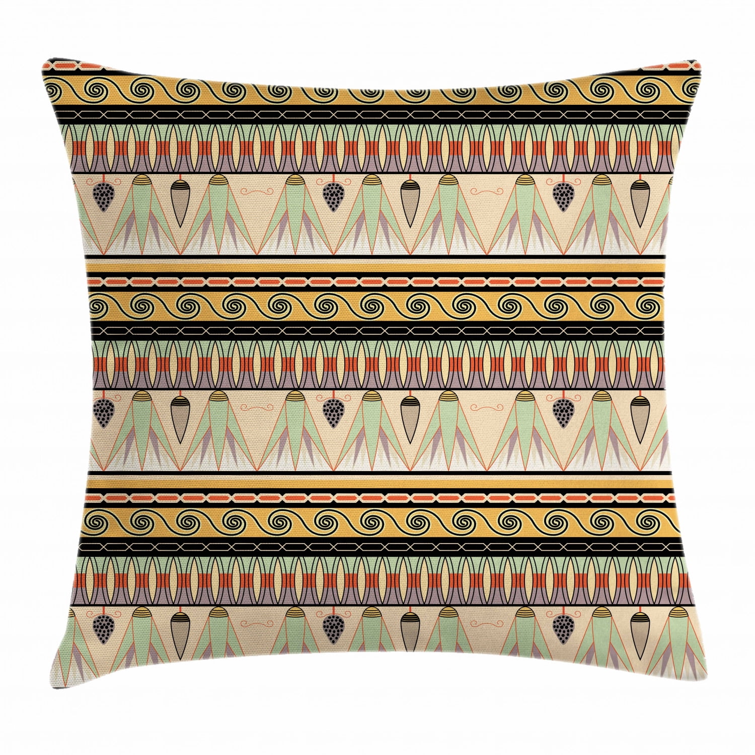 Egyptian Throw Pillow Cushion Cover, Colorful Abstract Borders