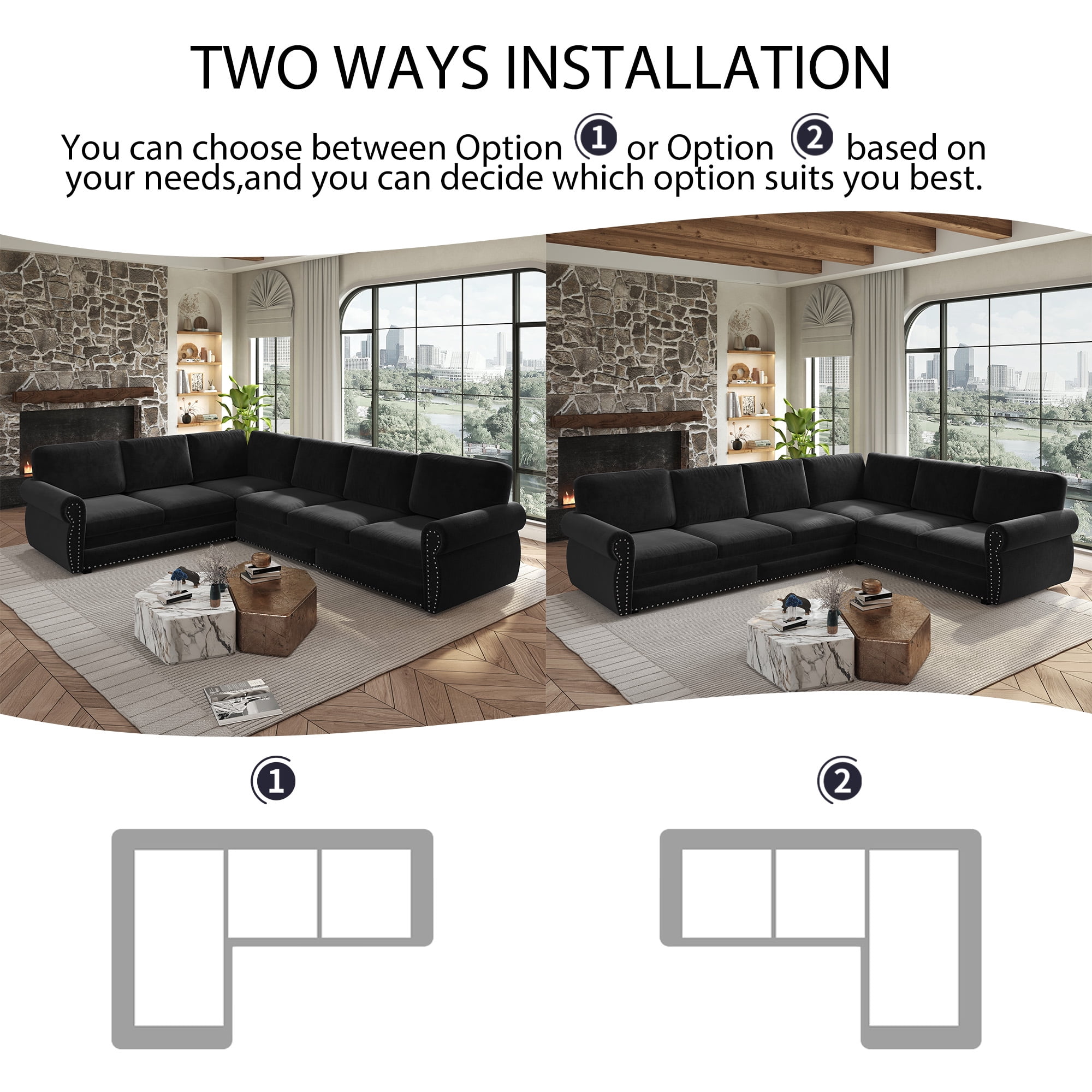 LLappuil Sectional Sofa Couch, Oversized Chenille Sofa with Pull Out Sofa Bed for Living Room Black