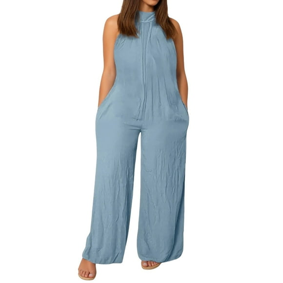 Summer Boho Overalls for Women 2025 Turtleneck Loose Casual Sleeveless Solid Color Plus Size Baggy Stretchy Rompers Jumpers with Pockets