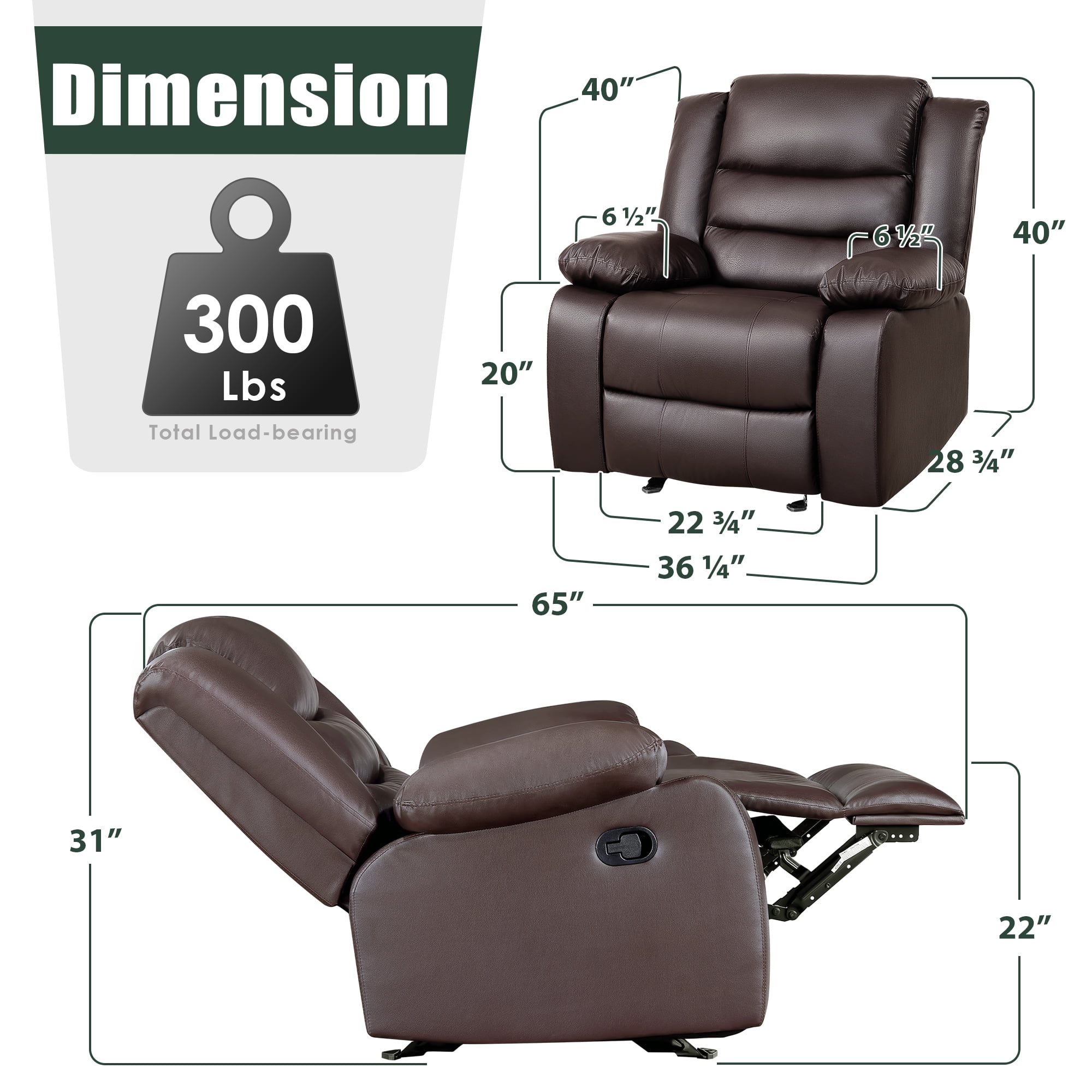Manual Rocker Recliner Chair Leather Rocking Recliner Chairs for Small Spaces, Living Room Lounge Glider Recliners, Brown