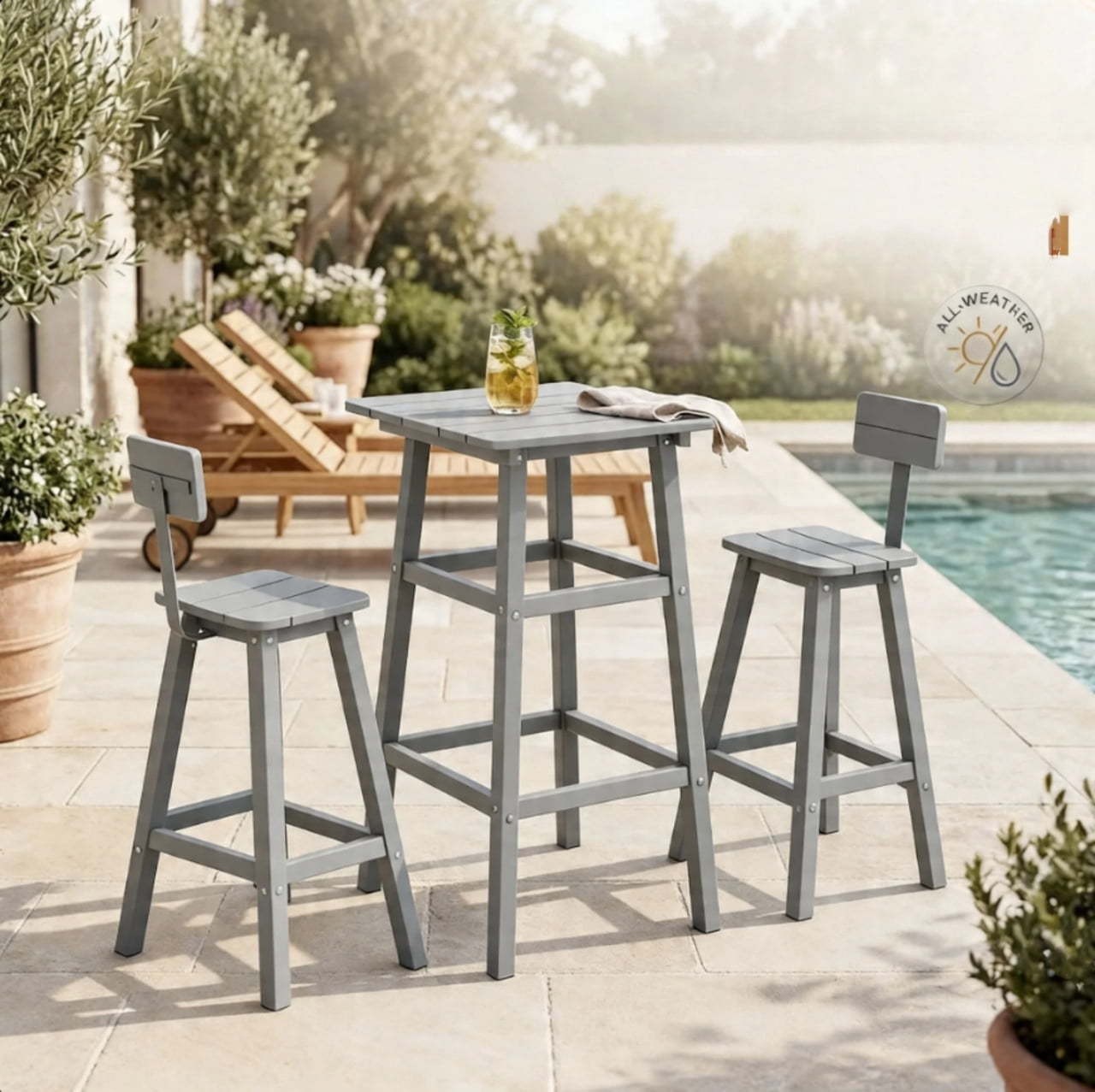 3 Piece Outdoor Bar Set Patio HDPE Dining Set with Square High-Top Table Footrest & Backrest