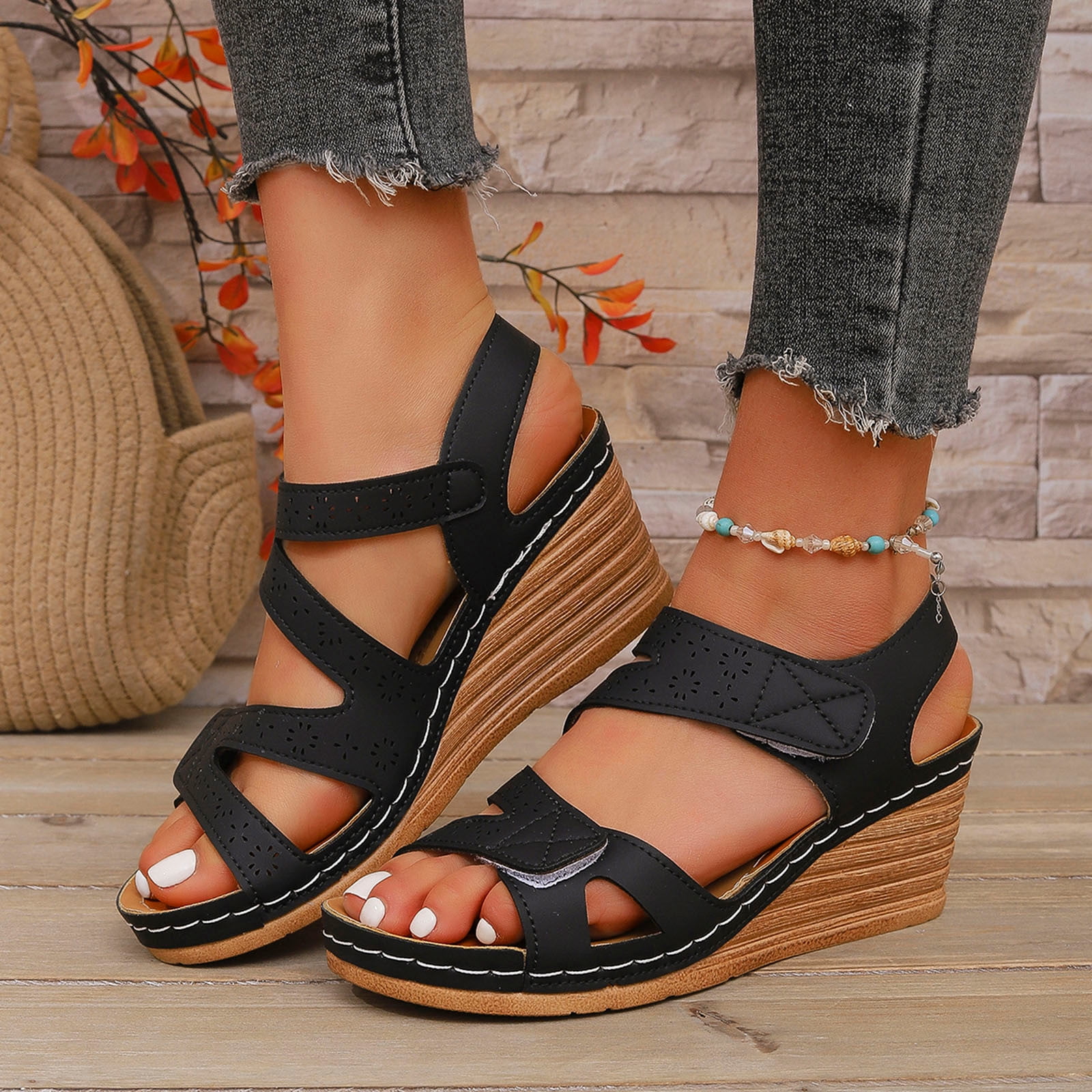 Black Wedge Popular Wedge Sandals 2020 Hoshose Fashion Roman Wedge
