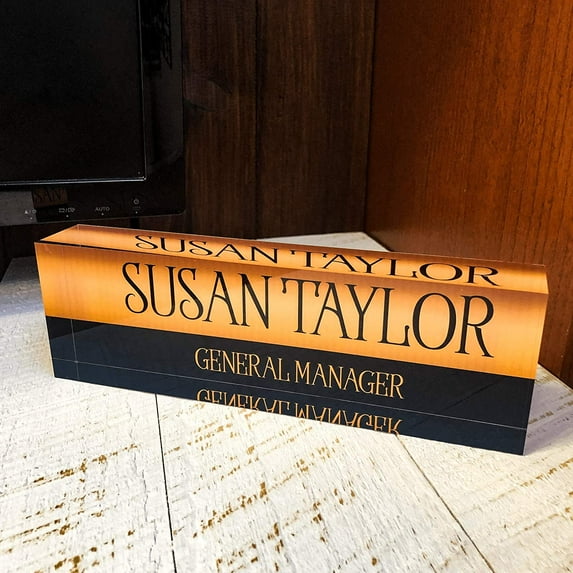Artblox Office Desk Name Plate Personalized | Custom Name Plates for Desks on Acrylic Glass Decor | Office Desk Decor Nameplate | Desk Accessories | Gold Black Stripe - (8"x2.5")