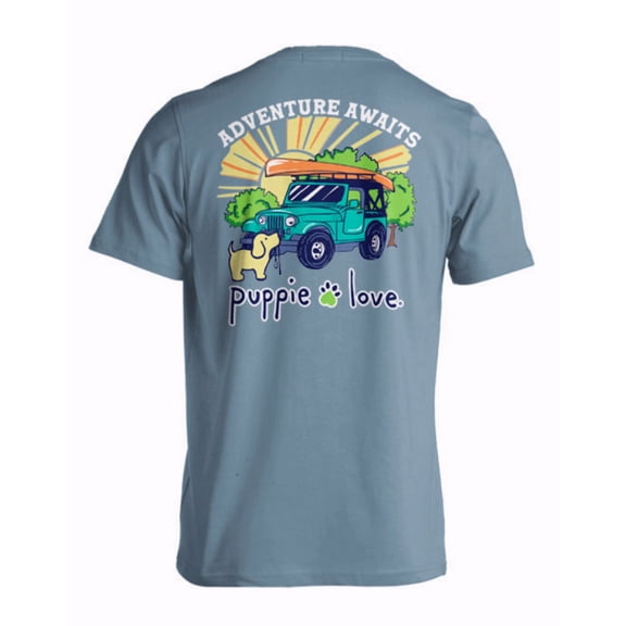 Puppie Love Dog Adventure Awaits Off-Road Camping Pup Short Sleeve T-Shirt