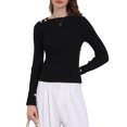 thumbnail image 1 of Suéter de mujer Inspire Chic, de punto acanalado, con cuello barco, de manga larga, con dobladillo dividido, casual, talla XL, negro, 1 of 5