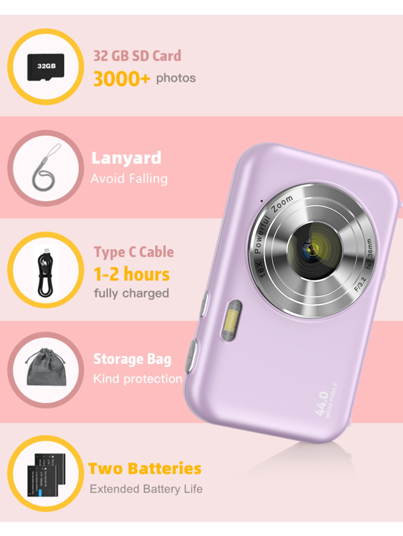Digital Camera Newest 1080P Digital Camera for Kids with 32GB Card Anti-Shake, Portable Point and Shoot Camera Fill Flash 16X Zoom, Small Camera