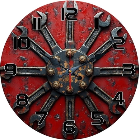 SBEMP 10 in Silent Wall Clock, Industrial Wrench Red Rust Decorative Wall Clock, Battery Operated