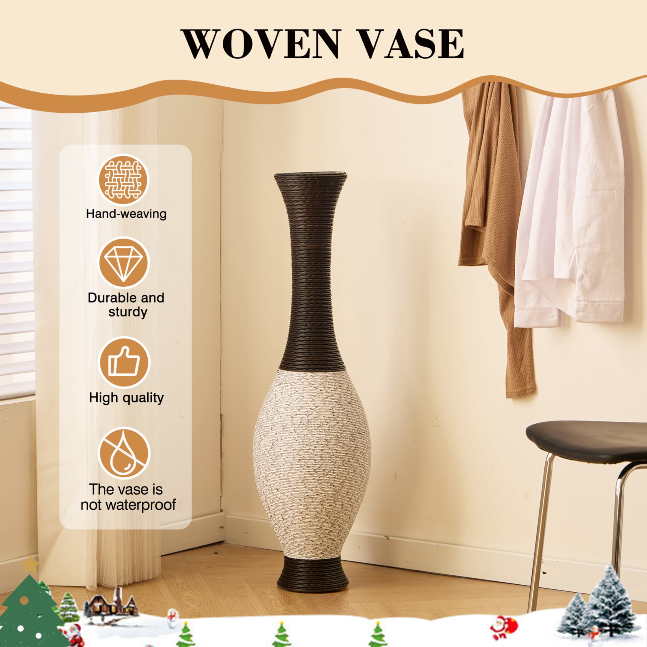 Noble House 39.37" Tall PVC Floor Vase, Hand-Woven Rattan-Look Textured Vase, White+Black