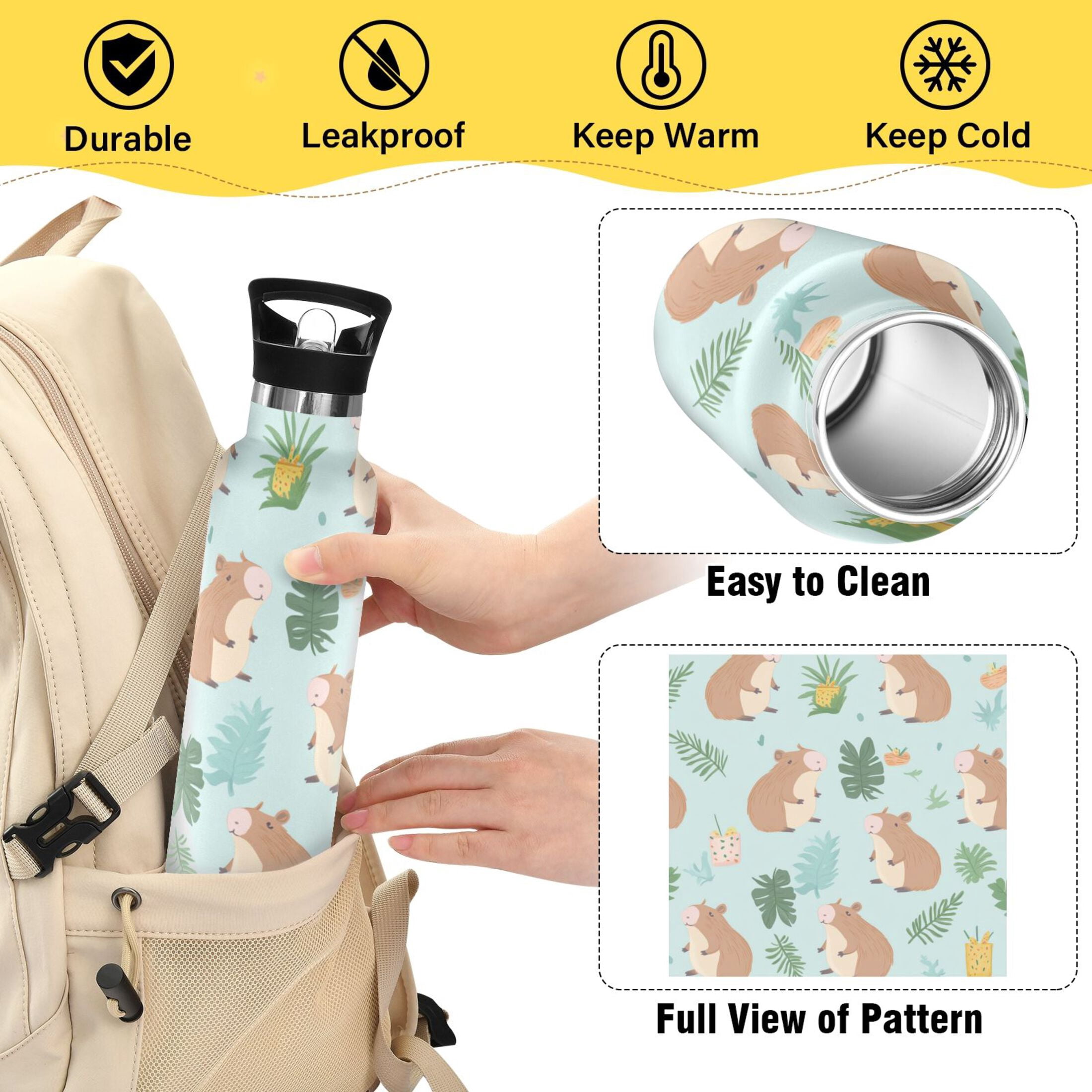 Kids Insulated Stainless Steel Sports Water Bottle 600ml (20oz) Capybaras in Playful Poses