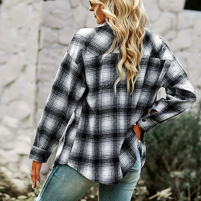 Woman Plaid Collared Shirt, Two Pockets Button Down V Neck Top Comfortable Button Cuffs For Work For Autumn Red,Khaki,Green,Black White