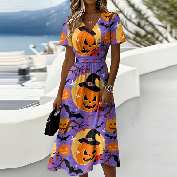 Women's Halloween Dresses Castle Candy Short Sleeve Funny Dresses Pumpkin Bat V Neck Spooky Cute Midi Dresses, L