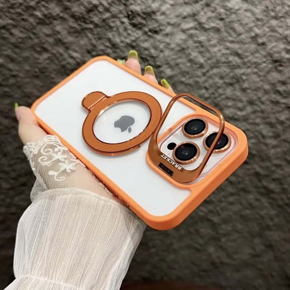 Magnetic Clear Case for Apple iPhone 17 Pro Max, Camera Lens Screen Protector Kickstand Compatible with Magsafe Anti-Yellowing Shockproof Protective Drop Proof Rugged Case for Women Men, Orange