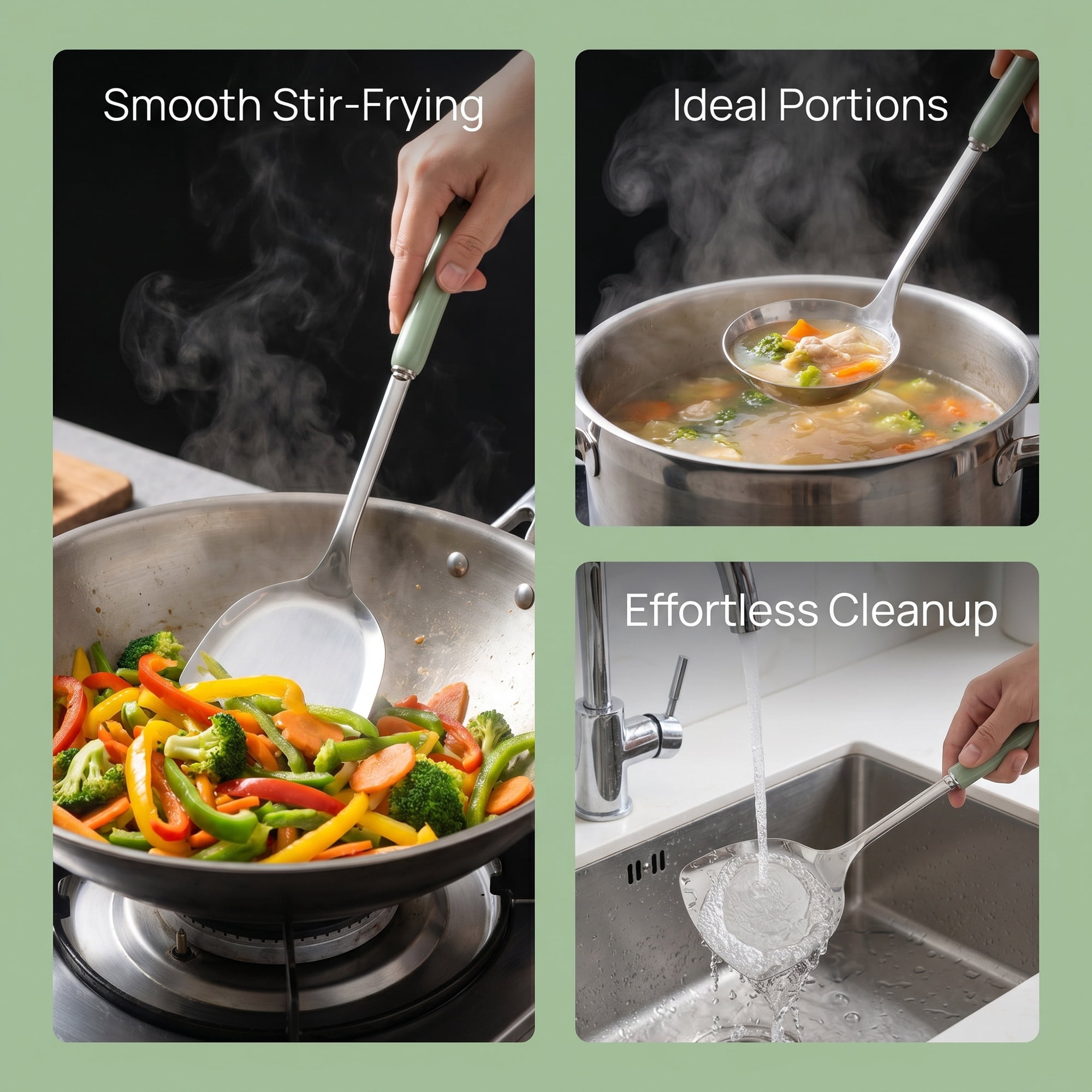 Unique Bargains Color-blocked Kitchen Utensil Set for Home Cooking Green-Silver D 2pcs