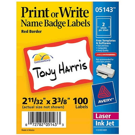 Avery Printable Self-Adhesive Name Badges, 2 1/3 x 3 3/8, Red Border, 100/Pack