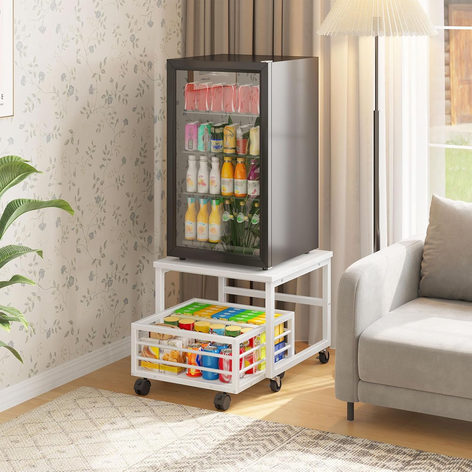 Mini Fridge Stand with Movable Storage Basket, Mini Fridge Cabinet with Wheels and Adjustable Feet, Sturdy Metal Frame, for Home, Apartment,Office, Dorm