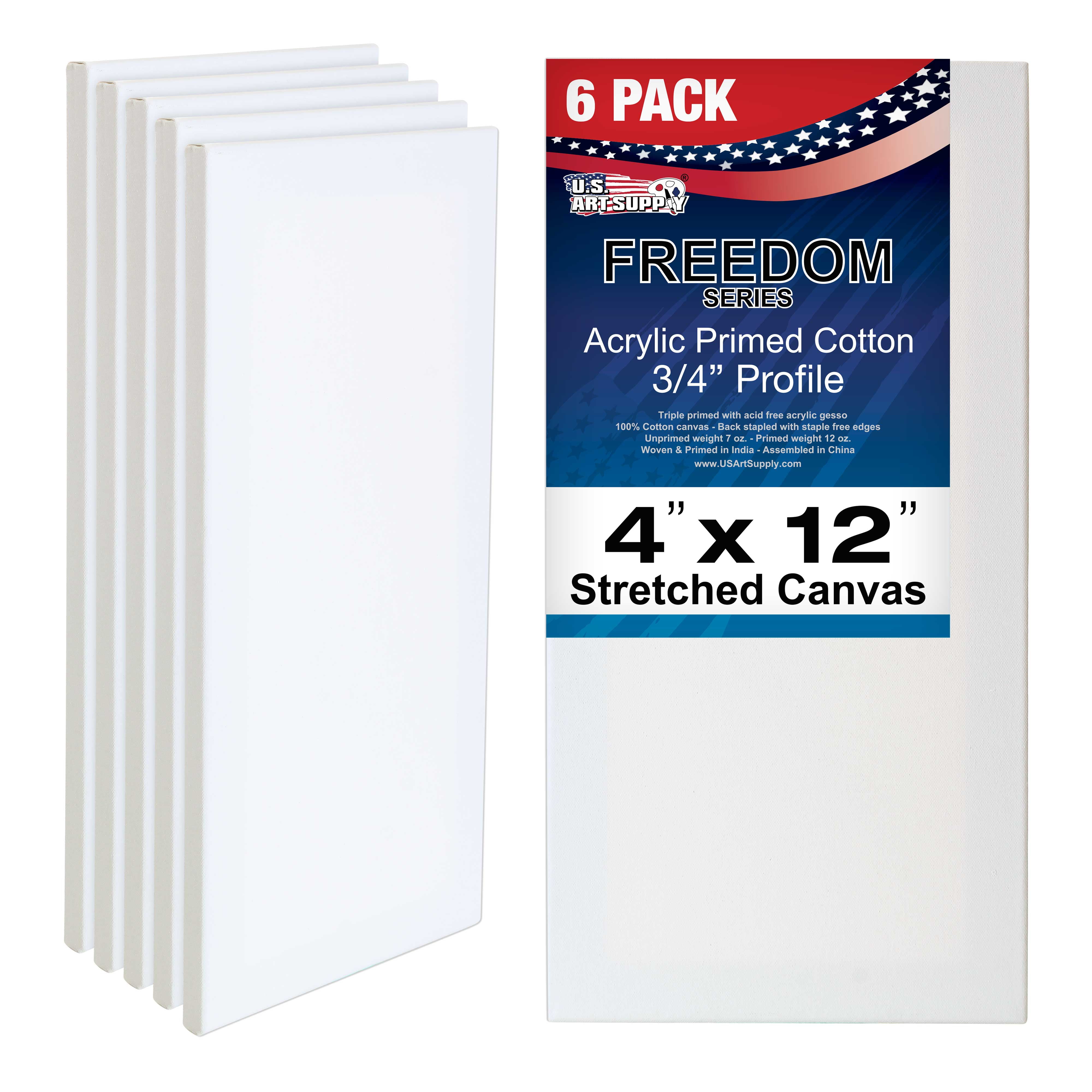 U.S. Art Supply 4 x 12 inch Stretched Canvas 12-Ounce Triple Primed, 6-Pack - Professional Artist Quality White Blank 3/4' Profile, 100% Cotton, Heavy-Weight Gesso - Acrylic Pouring, Oil Painting