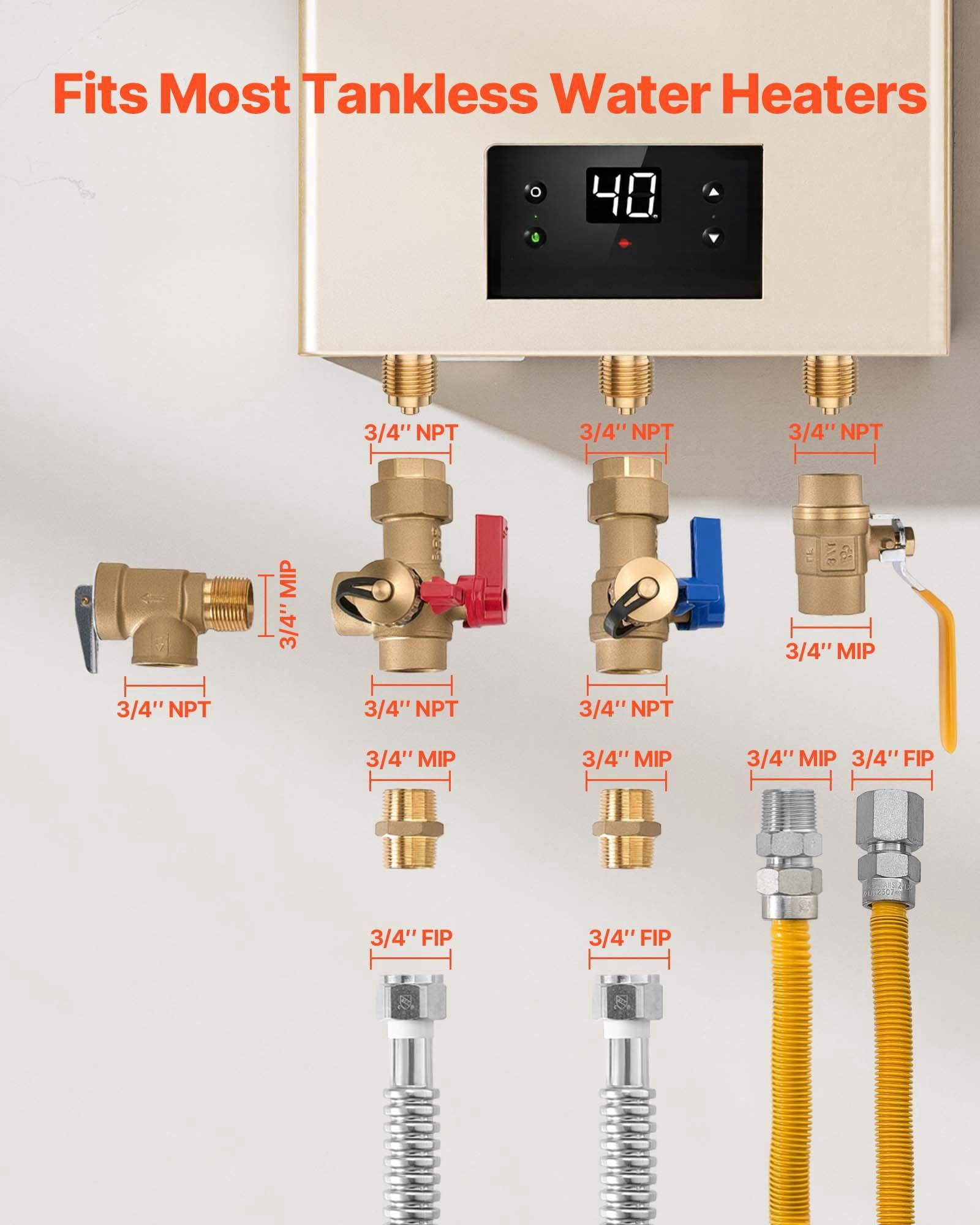 3/4 Inch Water Heater Repair Kit with 600 WOG Valves Pressure Relief Valve Ball Valve Gas Hose Compatible with Tankless Heaters