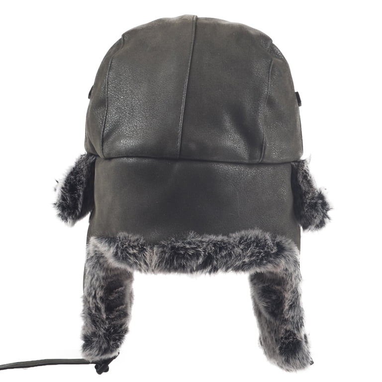 Janey&Rubbins Cold Weather Trapper Hat, Faux Leather & Fur 