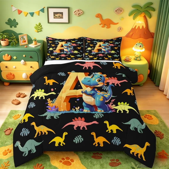 Manfei Monogrammed A Bedding Comforter Set,Zoo Animal Dinosaur Twin Comforter Sets,Black Yellow Bedding Set,Microfiber Room Decorative Reversible,2pcs