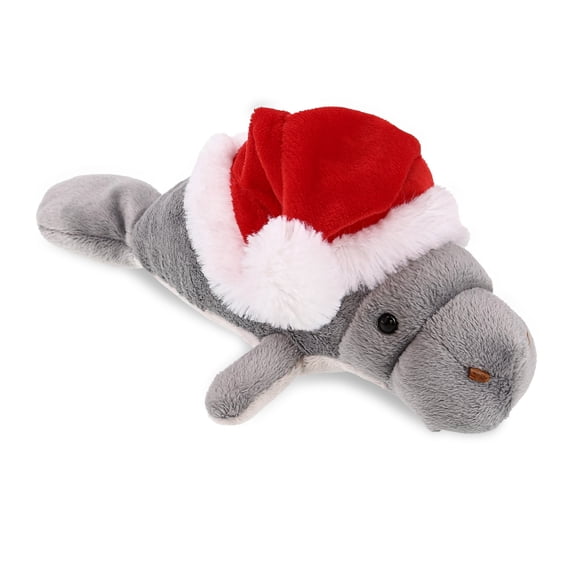 DolliBu Santa Grey Manatee Stuffed Animal Plush Toy - Super Soft Ocean Life Animal Dress Up with Red Santa Claus Hat, Cute Ocean Life Gift, Perfect Holiday Gift - 10 Inches