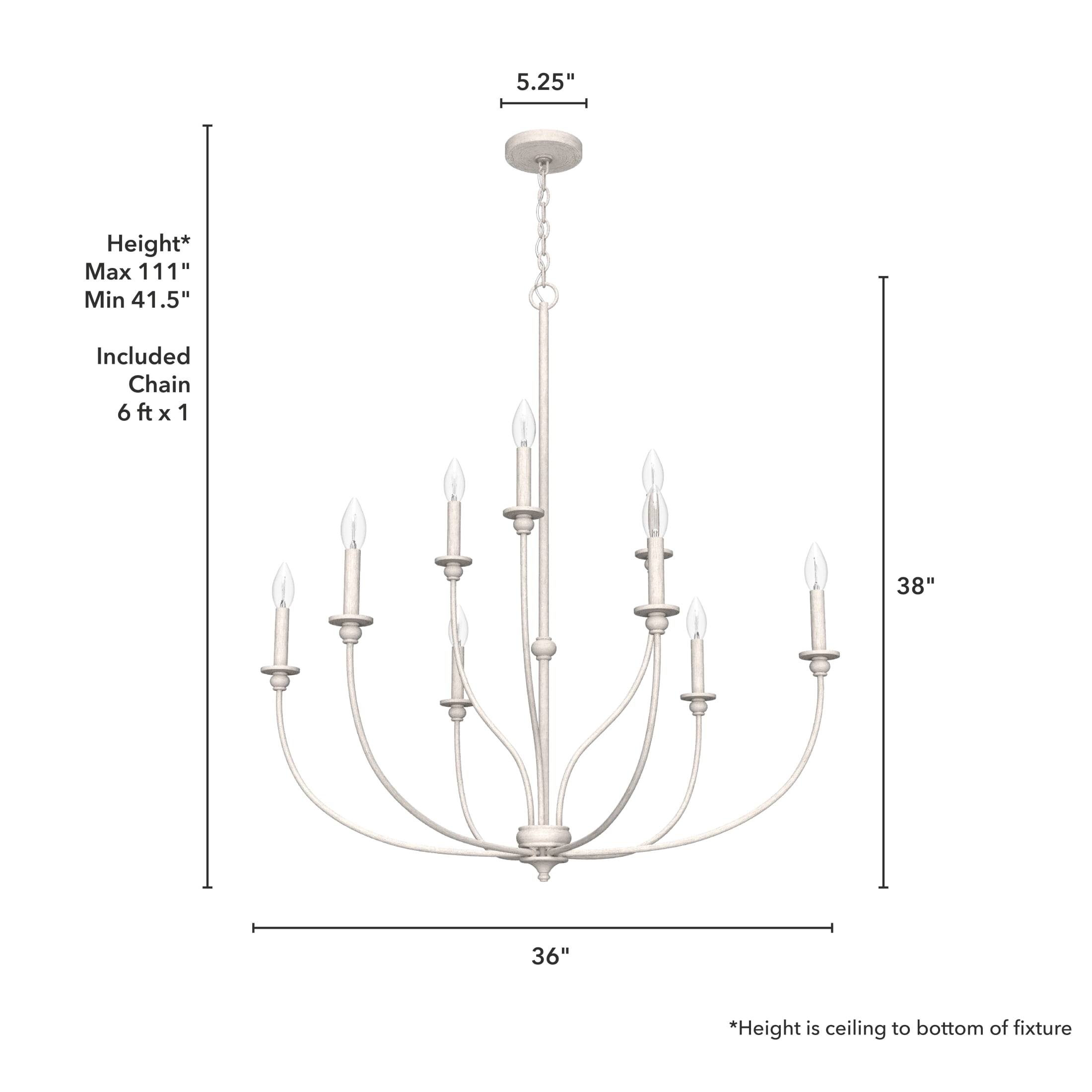Hunter - Southcrest 9-light Distressed White, Large Chandelier, Dimmable, Casual Style, Candle Shaped, for Bedrooms, Dining, Living Rooms - 19633