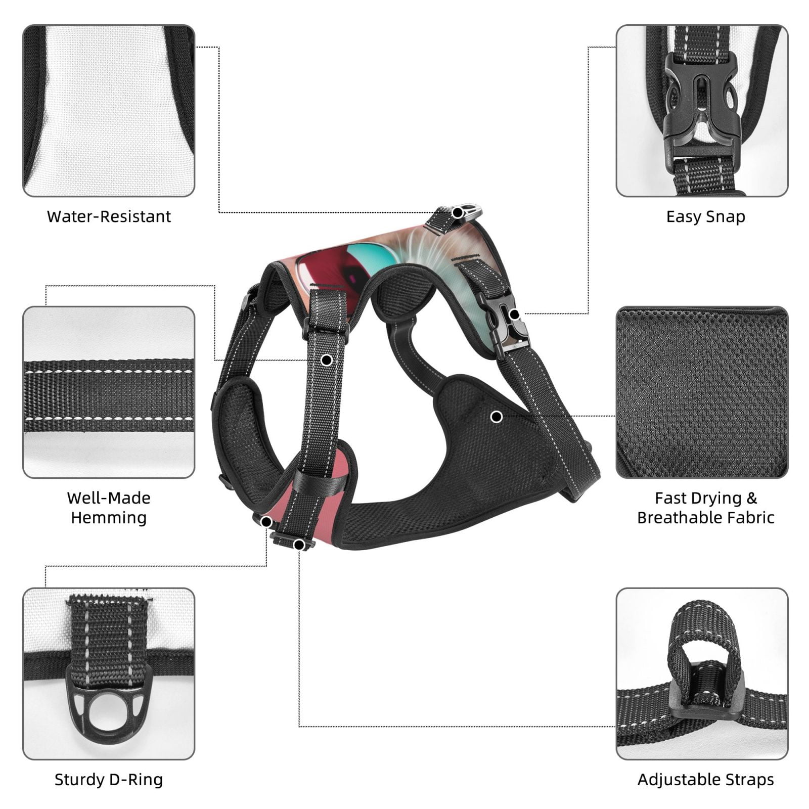 Naloa Cool Cat Pink Sunglasses Dog Harness, Pet Harness Vest with Traction Rope, Dog Vest for Outdoor, Walking - {sizeName}-Large