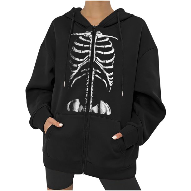 Chaqueta con capucha Punk suelta con cremallera y estampado de Halloween para mujer, abrigo, sudaderas con capucha, abrigo Pompotops qwe15318