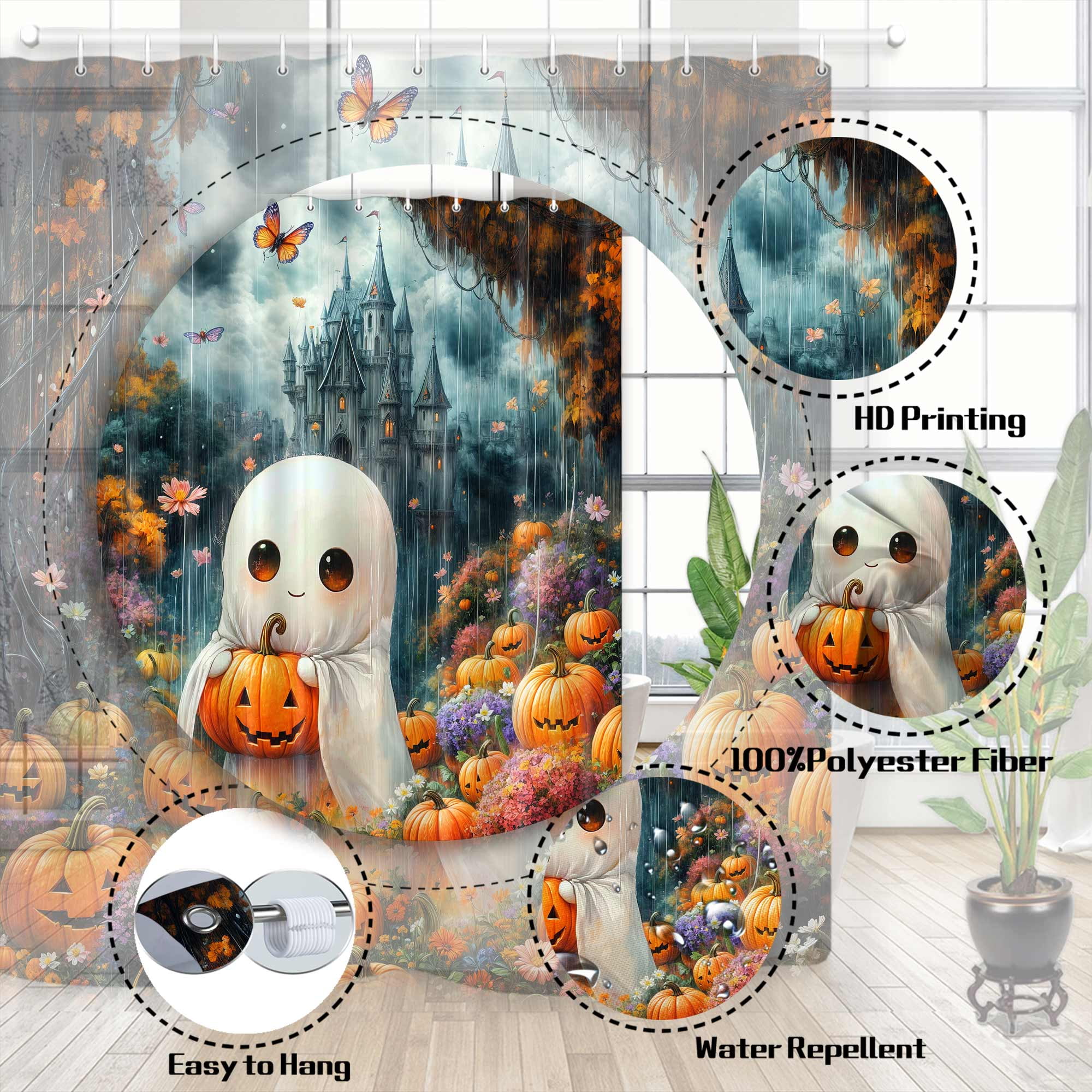 Fall Halloween Shower Curtain, Cute Spooky Halloween Ghost Castle in the Rain Bath Curtain, Funny Gothic Pumpkins Floral Waterproof Shower Curtain Set with Hook, 72X72in
