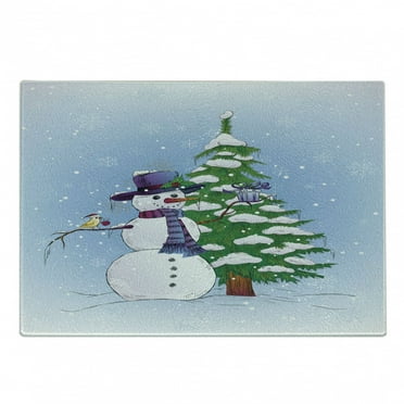 Christmas Cutting Board, Snowman in the Winter Mistletoe Present Top Hat and Scarf Tree and Bird, Decorative Tempered Glass Cutting and Serving Board, Small Size, Blue Green, by Ambesonne